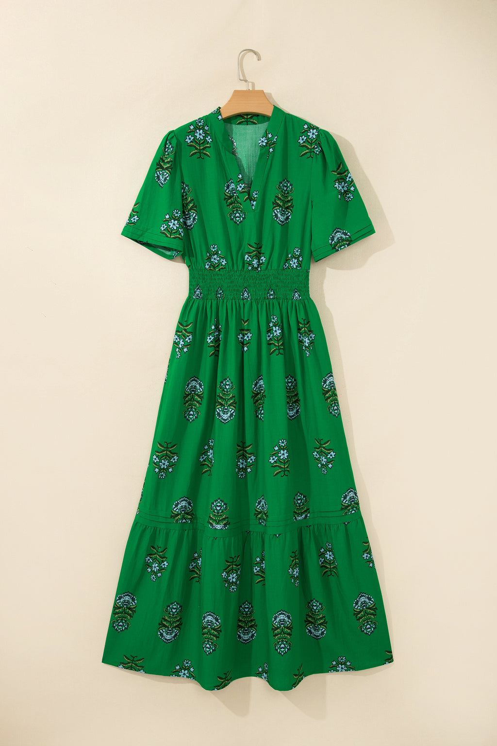 White Floral Print Split Neck Shirred High Waist Ruffle Hem Maxi Dress