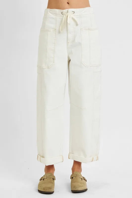 RISEN High Rise Crop Wide Barrel Cargo Pocket Jeans
