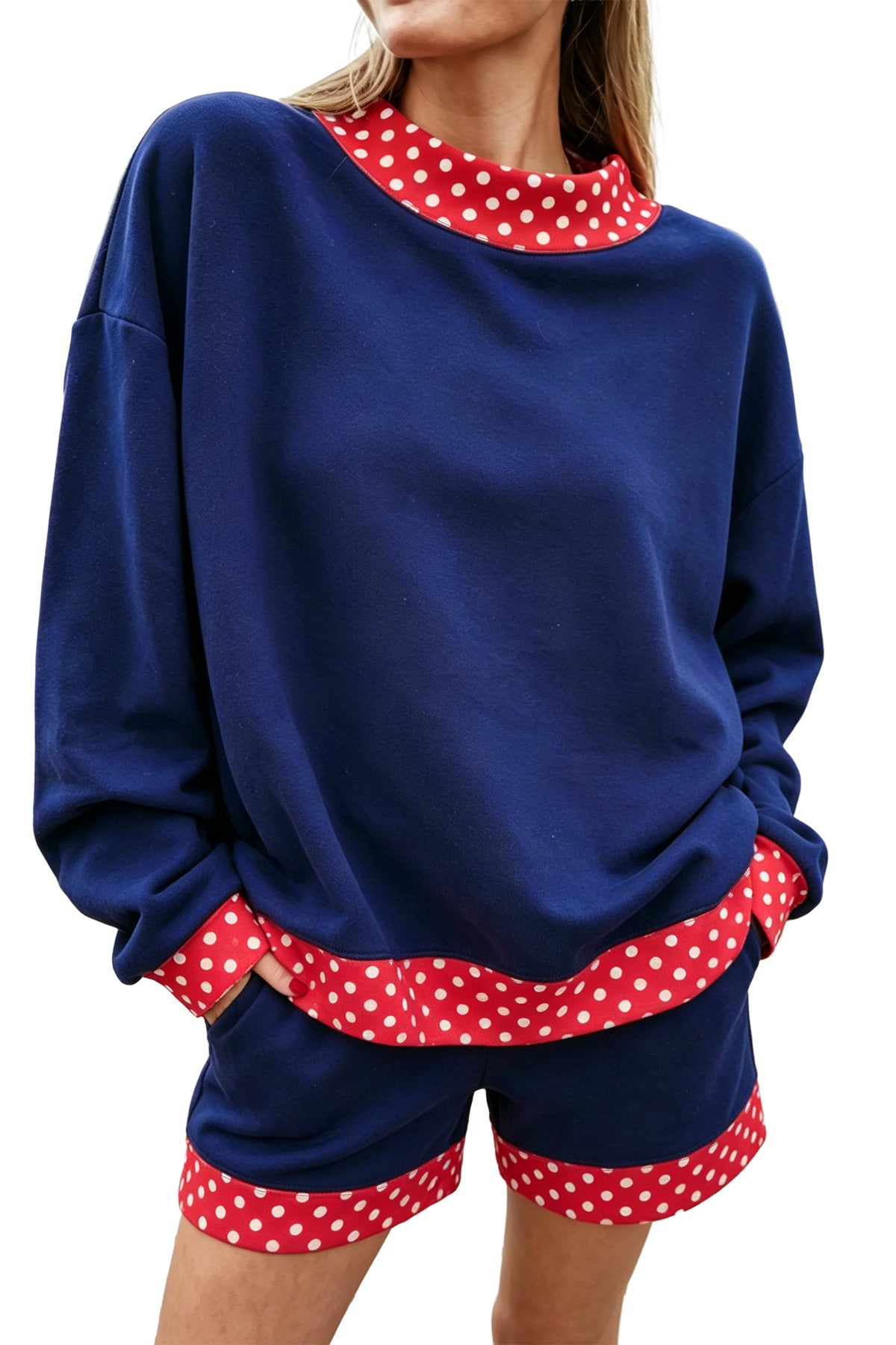 Dark Blue Polka Dot Trim Baggy Pullover 2pcs Short Set