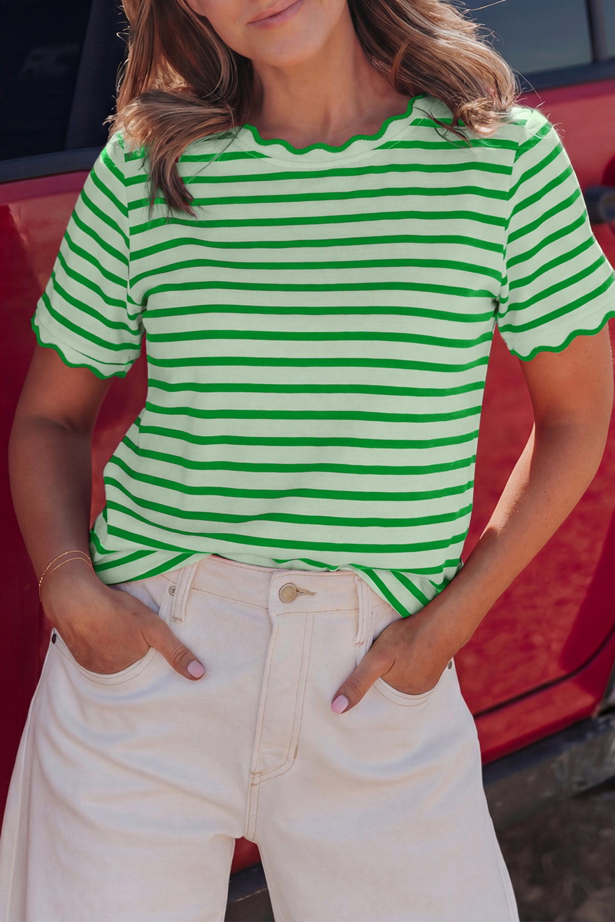 Pink Stripe Scalloped Trim Round Neck T Shirt