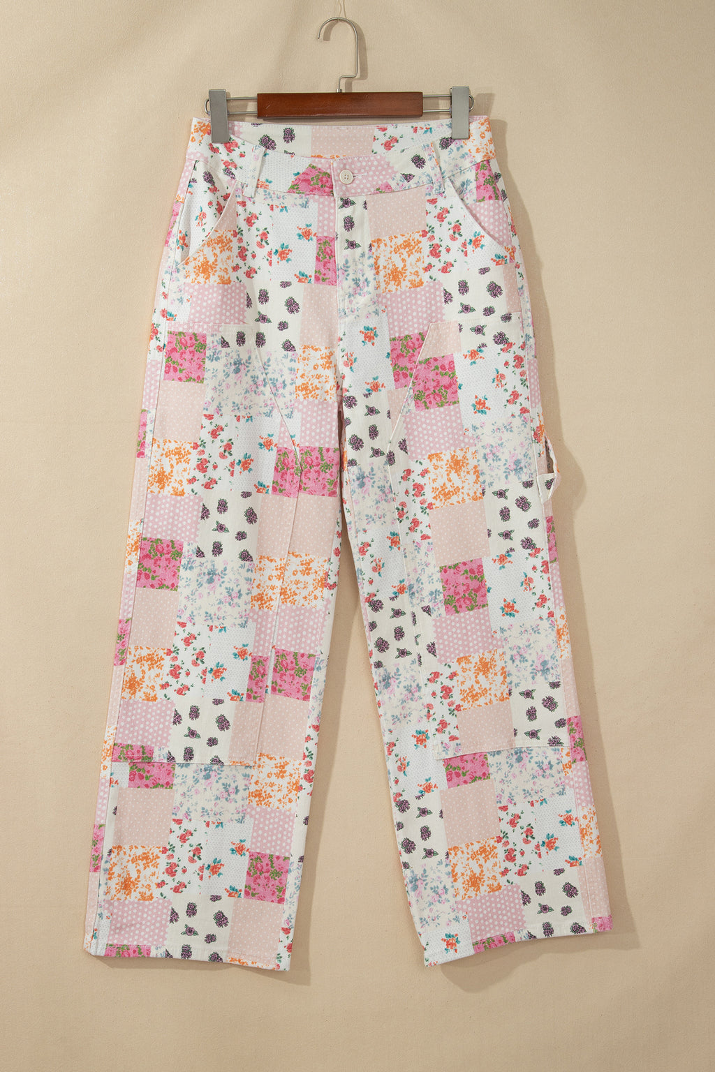 Pink Floral Patchwork Wide Leg Full Length Jeans